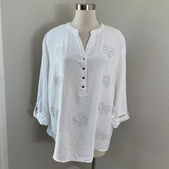 Cocomo Woman Plus 3X White Heart Print Tunic Top Blouse Roll Tab Sleeve Shirt - Picture 1 of 12
